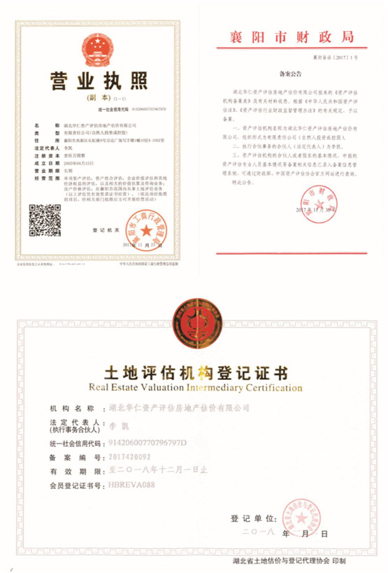 華仁資產(chǎn)評估房地產(chǎn)估價有限公司營業(yè)執(zhí)照、資產(chǎn)評估備案公告、土地評估機構(gòu)登記證書.jpg